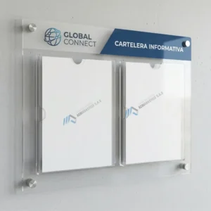 Cartelera en Acrílico con 2 bolsillos Acrílicos y logo