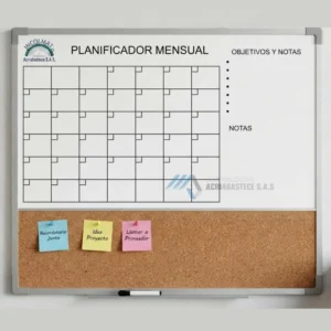 Tablero mixto con corcho y acrílico para planeación mensual y carteleras de corcho en Bogotá