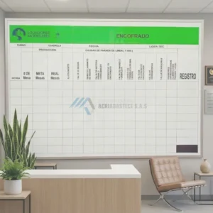 Tablero de control de producción en acrílico de 120 x 160 cm con diagrama industrial personalizado para seguimiento de metas, turnos y paradas de línea, fabricado por Comercializadora Acriabastece SAS.